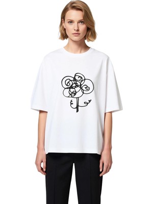 PayBuy Kadın Oversize Tişört Soyut Çiçek Sanatı Spiral Yaprak Baskılı Rahat Kesim Günlük Modern Şık Zarif