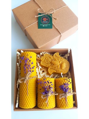 Zemira Petekoğlu Doğal Petek Balmumu Mum Hediyelik Dekoratif Set Hamse Bereket Eli Beeswax Canle Gift Set