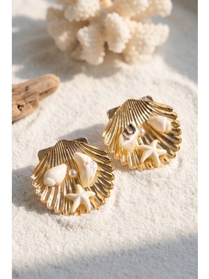 Ozkr Store Gold Renk Deniz Kabuğu Deniz Yıldızı ve Beyaz Taş Detaylı Küpe