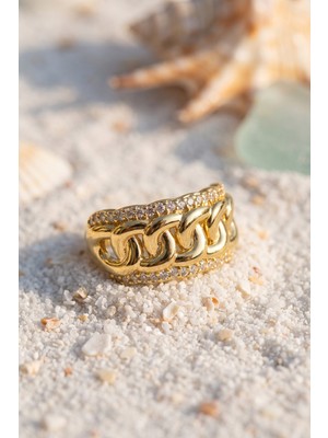 Ozkr Store Çift Sıra Zirkon Taşlı Örgü Zincir Formlu Gold Renk Yüzük