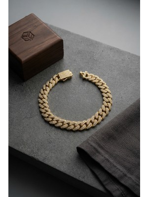 Ozkr Store Cuban Zincir Model Zirkon Taşlı Gold Renk Erkek Bileklik