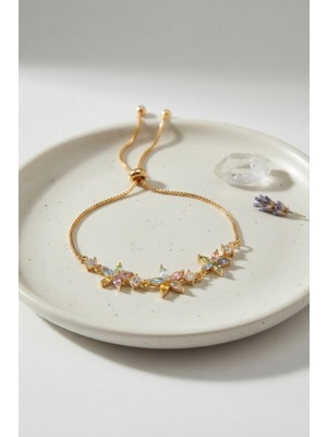 Ozkr Store Pirinç Gold Renk Çiçekli Model Zirkon Taşlı Asansörlü Bileklik