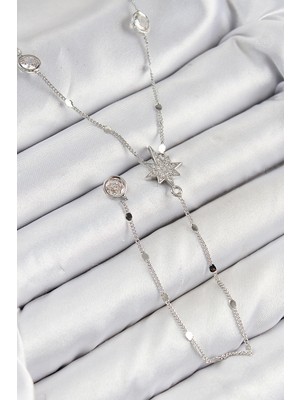 Ozkr Store Pirinç Zirkon Taşlı Kutup Yıldızı Model Gümüş Renk Y Kolye
