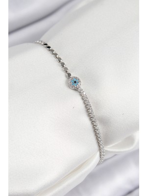Ozkr Store Pirinç Zirkon Taşlı Nazar Model Ezme Zincir Gümüş Renk Kadın Bileklik
