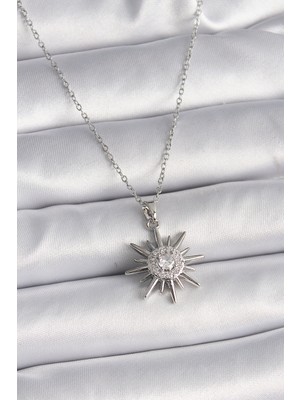 Ozkr Store 316L Çelik Gümüş Renk Zincir Zirkon Taşlı Güneş Model Kadın Kolye