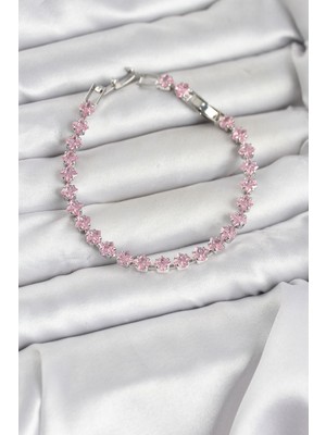 Ozkr Store Pembe Kare Zirkon Taşlı Gümüş Renk Pirinç Su Yolu Kadın Bileklik
