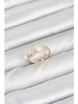 Ozkr Store Pirinç Gold Renk Zirkon Taşlı Incili Model Kadın Yüzük