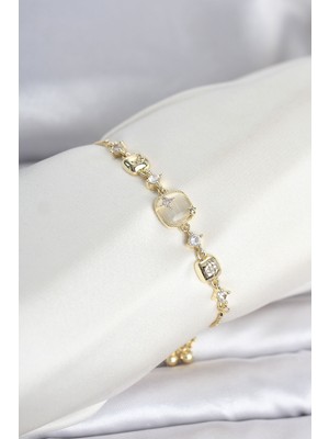 Ozkr Store Gold Renk Pirinç Sedefli Asansörlü Kadın Bileklik