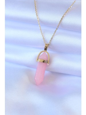 Ozkr Store 316L Çelik Gold Renk Kristal Pembe Taş Model Kadın Kolye