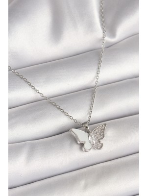 Ozkr Store 316L Çelik Gümüş Renk Zincir Zirkon Taşlı Beyaz Mineli Kelebek Model Kadın Kolye