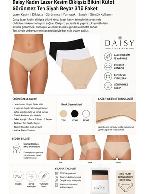 Daisy Tasarım Kadın Lazer Kesim Dikişsiz Bikini Külot 3'lü Paket Siyah Beyaz Ten Rengi Görünmez Esnek Konforlu