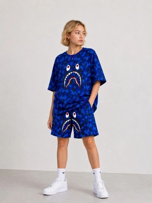Hace Bazaar Erkek Çocuk Oversize Kalıp Pubg Bape x Shark Nakışlı Cepli Şort Takım - Siyah -Hcb