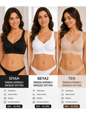 Daisy Tasarım Kadın Önden Düğmeli Dikişsiz Toparlayıcı Sütyen – Pedli Telsiz Günlük Konfor Iç Giyim – Siyah / Beyaz / Ten – M/l & Xl/xxl
