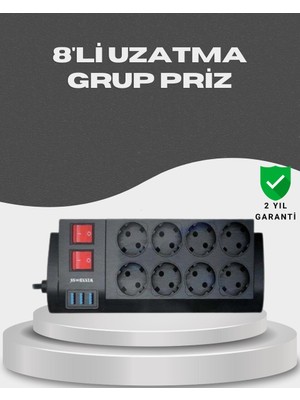 Lizbon Center Akım Korumalı 8’li Priz 3 Usb’li Uzatma Kablosu Isıya Dayanıklı 2 Metre - HBSBLC9134-3073
