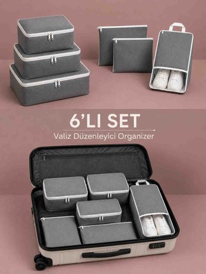Melisa Tekstil Valiz Düzenleyici Organizer 6'lı Set Bavul Içi Düzenleyici Gri
