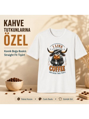 Tişört Kodu I Like Coffee Komik Boğa Baskılı Beyaz Straight Fit Tişört