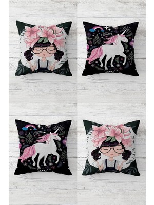 Zemira Pelangi Unicorn Çiçekli Genç Kız Oda Gizli Fermuarlı Kırlent Kılıfı Koltuk Yastık Kılıfı Takım(4
