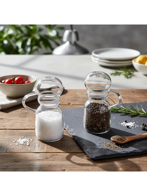 Zemira Deconox 2'li Şeffaf Cam Kulplu Tuzluk Biberlik Seti - Metal Kapaklı Dikey Çizgili Klasik Masa