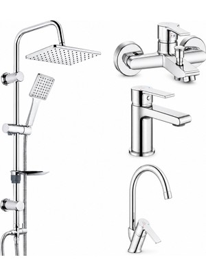 ECA E.c.a Ar Lite Banyo Bataryası + Lavabo Bataryası + Evye Bataryası + Tema 53242 Rain Carismo Duş Sistemi