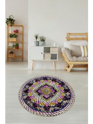 Zemira Pelangi Mor Jüt Hasır Kilim Görünümlü Dijital Baskılı Kaymaz Taban Yıkanabilir Salon Halısı,