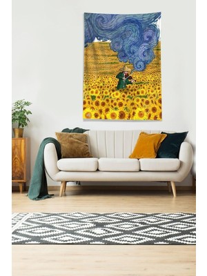Zemira Pelangi Çok Renkli Van Gogh Papatya Tarlası Tutmaz Kadife Kumaş Duvar Örtüsü Duvar Halısı Tape