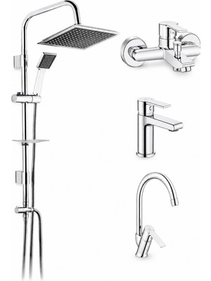 ECA E.c.a Ar Lite Banyo Bataryası + Ar Lite Lavabo Bataryası + Ar Lite Evye Bataryası + Tema 53260 Quadro Rain Pratik Duş Sistemi