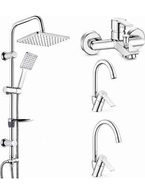 ECA E.c.a Ar Lite Banyo Bataryası + Ar Lite Kuğu Lavabo Bataryası + Ar Lite Evye Bataryası + Tema 53242 Rain Carismo Duş Sistemi Krom
