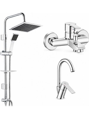 ECA E.c.a Ar Lite Banyo Bataryası + Ar Lite Kuğu Borulu Lavabo Bataryası + Tema 53260 Quadro Rain Pratik Duş Sistemi