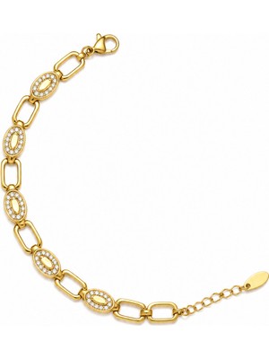 Balenbi Jewelry 14K Gold Paslanmaz Çelik Oval Zincir Zirkon Taşlı Kadın Bileklik 1215