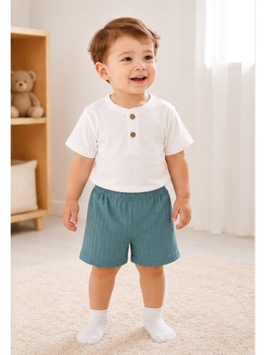 Hafy Baby Mavi / Beyaz Tişört ve Şortlu 2'li Unisex Bebek Takımı