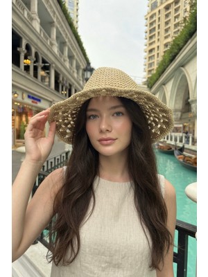 Mollycrush Kadın Yazlık Bej Renk Hasır Plaj Şapkası | Bohem Tatil Aksesuarı