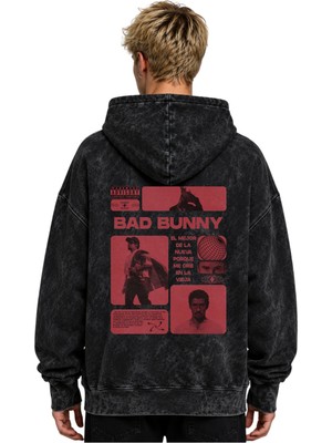 Sevbano Bad Bunny Rapper Şarkıcı Baskılı Unisex Oversize Premium Yıkamalı Hoodie Sweatshirt