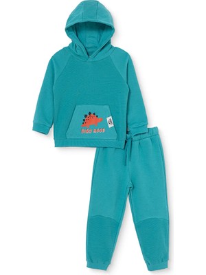 Hellobaby Erkek Bebek Eşofman Takımı Dinozor Baskılı Bağcıklı Kapüşonlu Long Sleeve Ribanalı