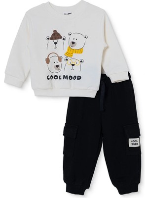 Hellobaby Erkek Bebek Eşofman Takımı Ayı Baskılı Bisiklet Yaka Long Sleeve Ribanalı