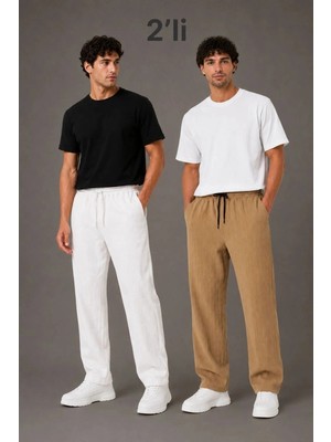 Zenviaa Erkek 2'li Bürümcük Kumaş Beli Lastikli Bağcıklı Bol Paça Pantolon - Beyaz/vizon Zen