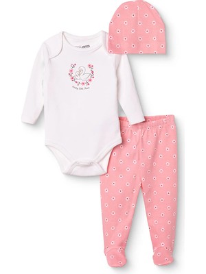 Hellobaby Kız Bebek Body-Alt-Şapka Hayvan Baskılı Çıtçıtlı Bisiklet Yaka Long Sleeve Patikli