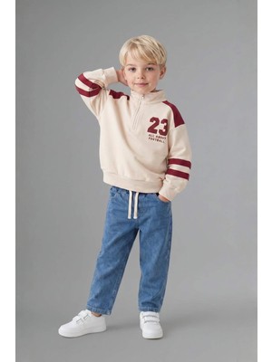 DeFacto Dik Yaka Fermuarlı Baskılı Sweatshirt Üst Jean Pantolon 2'li Takım Erkek Bebek I0614A526AU