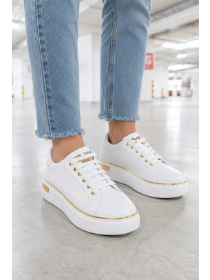 Mevese Elora Bağcıklı Konfor Taban Kadın Sneaker – Beyaz/altın