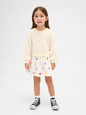 Gap Kız Bebek Krem Mixed Media Kalp Desenli Sweatshirt Elbise