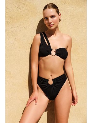 Miyuki Tek Omuz Yüksek Bel Krep Bikini Siyah