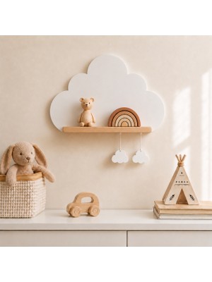 Maks Home Ahşap Çocuk Odası Duvar Rafı ☁️ Bulut  | Doğal Ihlamur Ahşap & Mdf | Dekoratif Oyuncak & Aksesuar Rafı