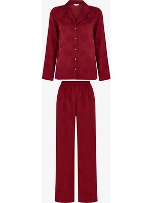 Penti Bordo Orquidea Saten Çiçekli Uzun Kollu Gömlek Pantolon Pijama Takımı