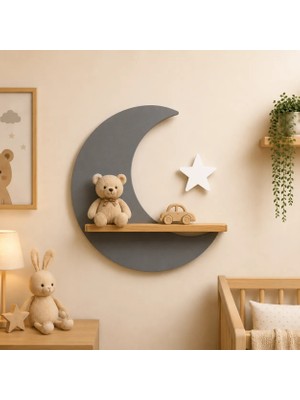 Maks Home Ahşap Çocuk Odası Duvar Rafı 🌙 Ay | Doğal Ihlamur Ahşap & Mdf | Dekoratif Oyuncak & Aksesuar Rafı