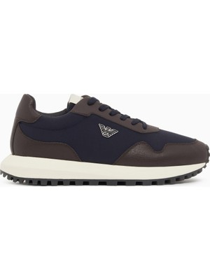 Emporio Armani Erkek Metalik Kartal Logolu Düşük Bilekli Nefes Alabilir Ön Yüzeyli Ortopedik Taban Lacivert-Kahverengi Sneaker EM003738 AF19532-M6494
