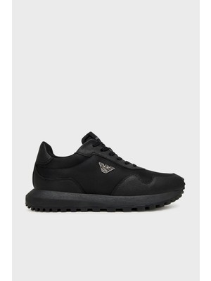 Emporio Armani Erkek Metalik Kartal Logolu Düşük Bilekli Nefes Alabilir Ön Yüzeyli Ortopedik Taban Siyah Sneaker EM003738 AF19532-MC005