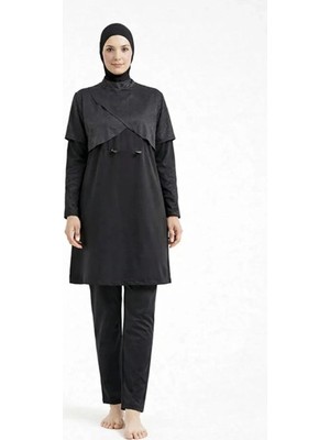 İhvan Online Tesmay Hızlı Kuruyan Sporcu Likra Paraşüt Kumaş Tam Kapalı Tesettür Mayo 3058  - Siyah