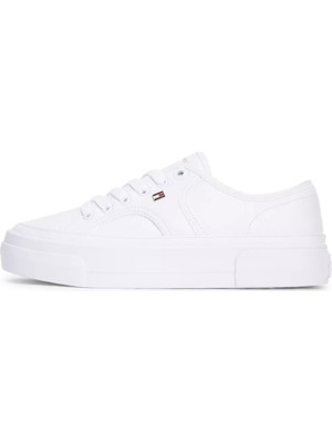 Tommy Hilfiger Kadın Bağcıklı Rahat Taban Logo Detaylı Deri Günlük Beyaz Sneaker FW0FW09393-YBS