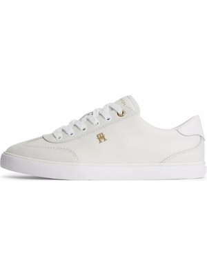 Tommy Hilfiger Kadın Deri Rahat Taban Th Metal Logo Bağcıklı Ekru Sneaker FW0FW09391-YBL