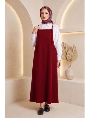 Uslular Bordo Ip Askılı Dabıl Kumaş Jile Elbise Ayarlanabilir Askılı Oversize Tesettür Elbise