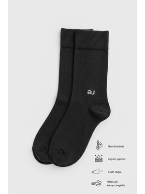 Allunique Erkek Siyah Doğal Merino Yünlü Ince Dikişsiz Soket Çorap
